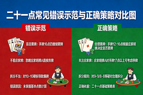 二十一点常见错误示范与正确策略对比图，标注新手易犯的错误操作与修正方案