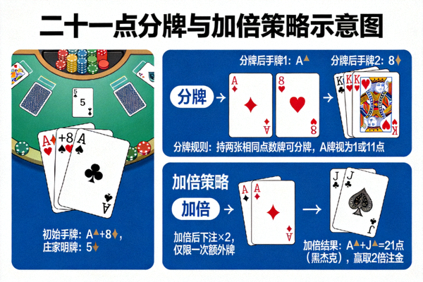 二十一点分牌策略示意图，展示玩家手牌为一对8时选择分牌的操作界面