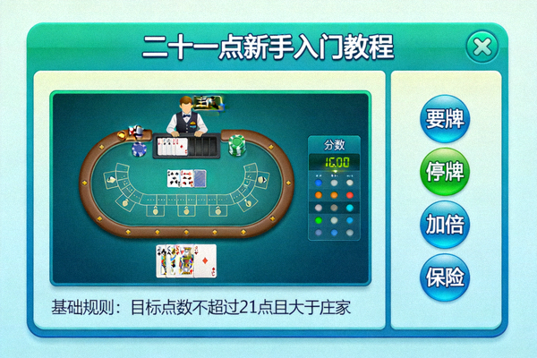 二十一点街机游戏界面展示，包含玩家手牌、庄家明牌、操作按钮区域及筹码下注区