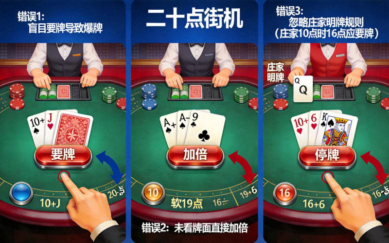 二十一点街机模式常见错误示意图，展示玩家常犯的错误操作