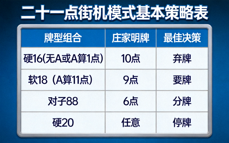 二十一点街机模式基本策略表，展示不同牌型组合下的最佳决策