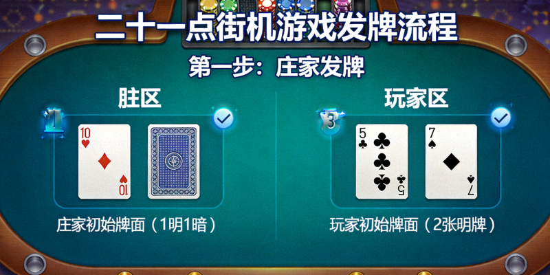 二十一点街机游戏发牌流程示意图，展示庄家和玩家的初始牌面